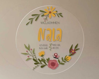 Schild – Blumen gelb – aus Acryl mit Name, individuelles Geschenk für Baby und Kind