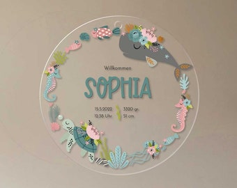 Schild – Unterwassertiere – aus Acryl mit Name, individuelles Geschenk für Baby und Kind