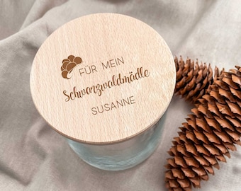 Black Forest storage jar with engraving on the wooden lid, 530 / 880 / 1210 ml, Black Forest gift for my Black Forest girl with name