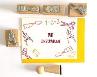 Wooden stamp set for the start of school, teacher stamp with scissors, compass, musical notes & paint tube