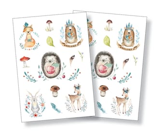 Aufkleber Woodland Watercolor Tiere, Sticker mit Waldtieren, Mitgebsel Kindergeburtstag, Freundebuch Sticker, Etiketten Igel, Reh, Fuchs