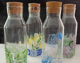 Glass carafe printed with various summer motifs, tropical, sea, Mediterranean, monstera, 1 liter, printed water bottle