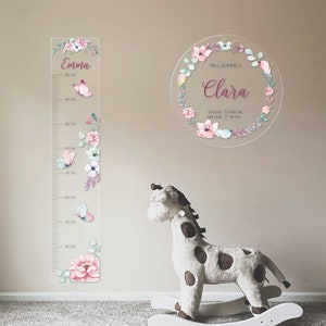 Messlatte – Blumen pastell – aus Acryl mit Name, individuelles Geschenk für Baby und Kind, auch für Zwillinge und Geschwister
