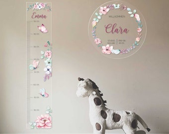 Measuring stick - flowers pastel - made of acrylic with name, individual gift for baby and child, also for twins and siblings