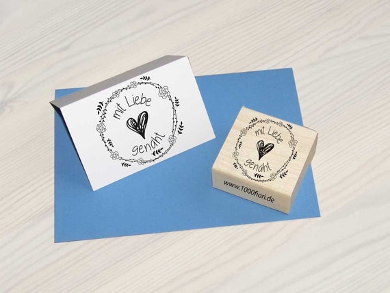 Mit Liebe genäht Stempel mit Herz und Kranz, Stempel für Selbstgemachtes, Stempel selbstgenäht