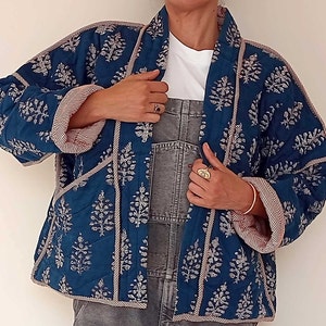 Organic Quilted Cotton Kimono, Reversible Indian Block Print, Botanical Indian Quilt Women, Handmade, Ethical Indigo Blue Slow fashion, Red image 5