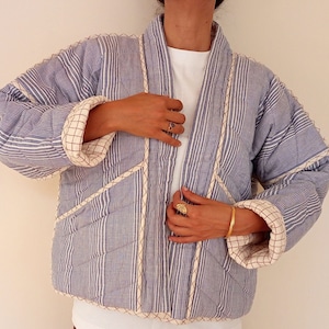 Organic Cotton Kimono, Quilted Reversible Kimono Jacket, Handwoven Blue Stripe, Red Check, Kimono, Boxy Cardigan Jacket,UK 8-14, US 4-10