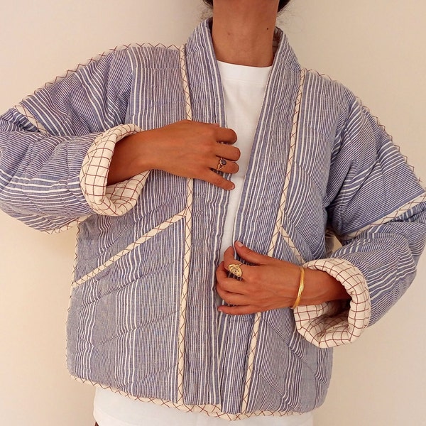 Organic Cotton Kimono, Quilted Reversible Kimono Jacket, Handwoven Blue Stripe, Red Check, Kimono, Boxy Cardigan Jacket,UK 8-14, US 4-10