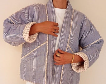 Organic Cotton Kimono, Quilted Reversible Kimono Jacket, Handwoven Blue Stripe, Red Check, Kimono, Boxy Cardigan Jacket,UK 8-14, US 4-10