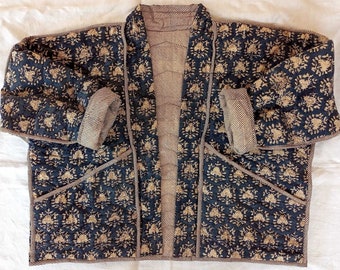 Chaqueta de kimono de algodón indio con estampado de bloques acolchados orgánicos, tela con estampado de bloques reversible, chaqueta de mujer cálida azul, Reino Unido 10 - 12, EE.UU. 6-8,