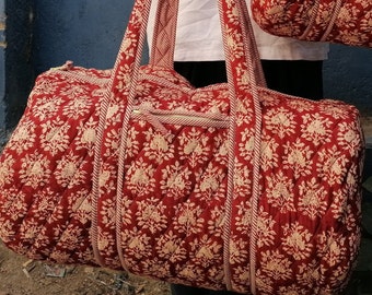 Quilted Indian Block Print Weekend Bag, Organic Cotton Hand Luggage Bag, Red Floral Fabric Print Bag, Sustainable Fashion, Tote Duffle Bag