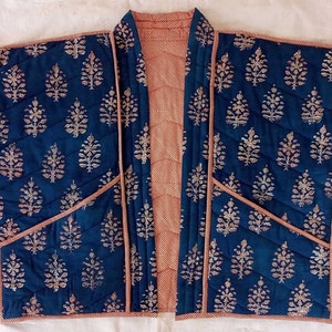 Organic Quilted Cotton Kimono, Reversible Indian Block Print, Botanical Indian Quilt Women, Handmade, Ethical Indigo Blue Slow fashion, Red image 4