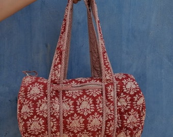 Quilted Duffle Tote Bag, Cotton Shoulder Bag, Red Floral Indian Block Print, Sustainable Gift, Women Small Overnight Weekend Travel Handbag