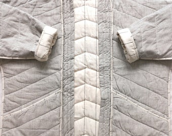 Men's XL Grey Striped Reversible Kimono Jacket, Handwoven Quilted Coat, Organic Cotton, Streetwear Minimalist Pockets, Mens Fashion Gift