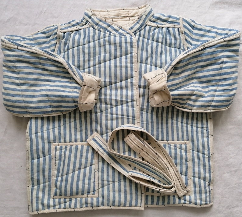 Veste matelassée en coton indien, coton biologique Bengale et fines rayures avec poches et ceinture, tissu rayé réversible, Royaume-Uni 10-14, États-Unis 6-10 image 8