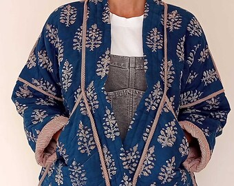 Organic Quilted Cotton  Kimono, Reversible Indian Block Print, Botanical Indian Quilt Women, Handmade, Ethical Indigo Blue Slow fashion, Red