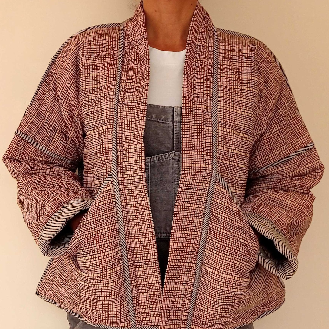 Veste kimono imprimée en bloc, coton biologique indien matelassé, veste