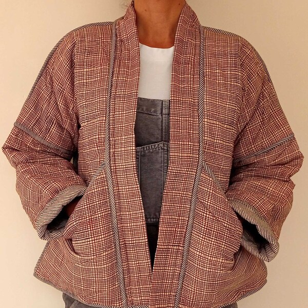 Block Printed Kimono Jacket, Quilted Indian Organic Cotton, Japanese Women's Reversible Jacket, Red Check, Ticking Stripe, UK 10-12, US 6-8,