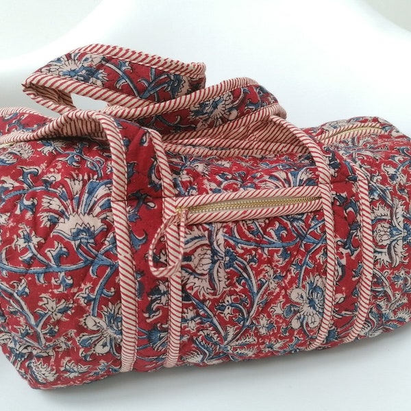 Floral Block Print Handbag, Quilted Tote Bag, Mom Gift, Red Ticking Stripe Cotton Fabric, Small Women's Accessory Bag, Indian Quilted Bag