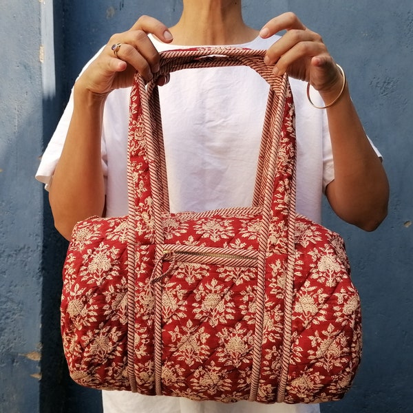 Quilted Block Print Handbag | Organic Cotton | Japanese YKK Zips | Stylish Ticking Stripe Lining | Sustainable Fashion | Tote Handbag Gift