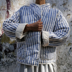 Veste matelassée en coton indien, coton biologique Bengale et fines rayures avec poches et ceinture, tissu rayé réversible, Royaume-Uni 10-14, États-Unis 6-10 image 7