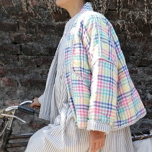 Organic Cotton Kimono, Reversible Quilted Kimono, Handwoven Pastel Check, Short Women’s Jacket, Japanese, Ticking Stripe, Minimal Loungewear