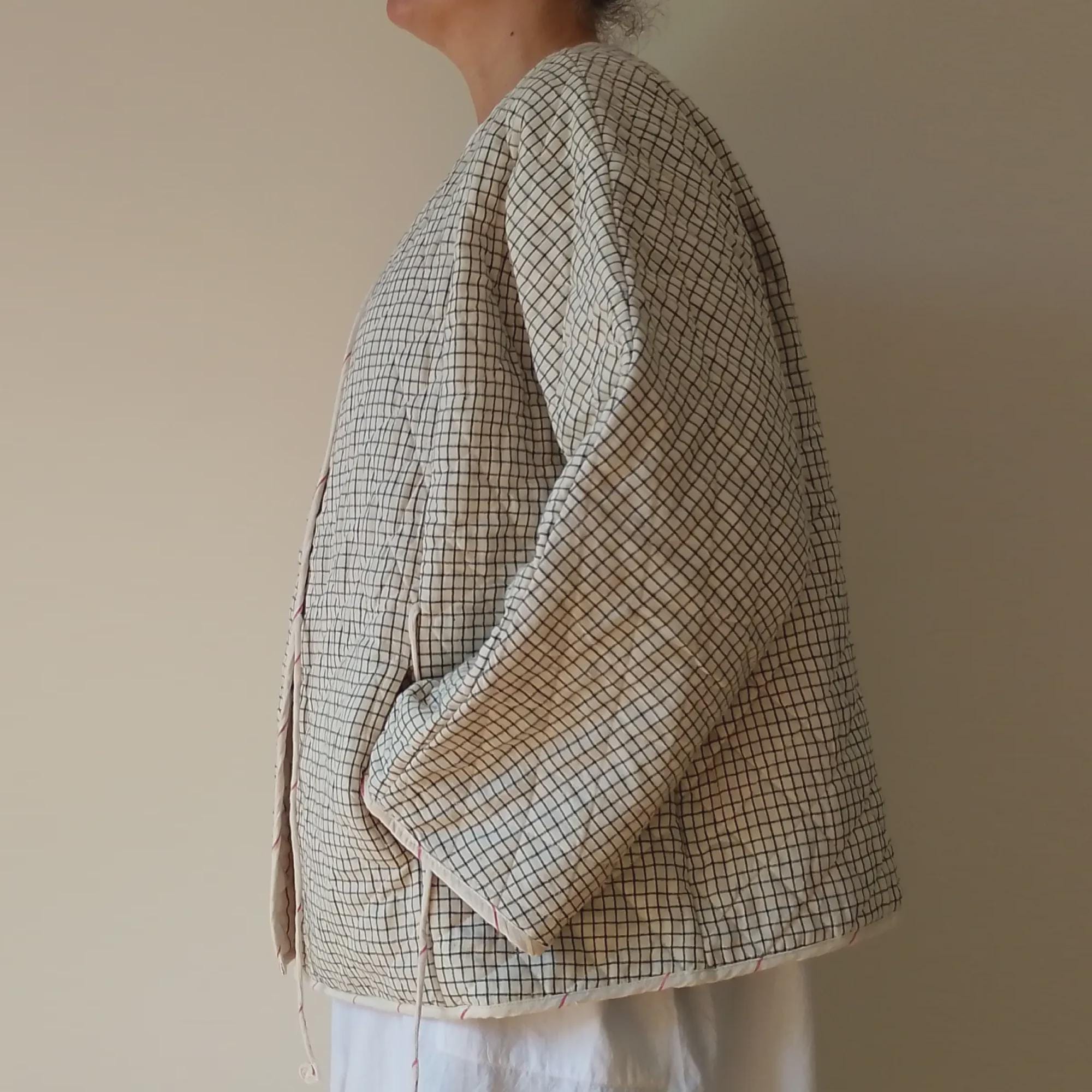 Quilted Cotton Kimono Wrap Jacket Ties – Organic Khadi Checkered Jacket – Indian Reversible Boho Coat | Japanese Pockets - Black Checkered |