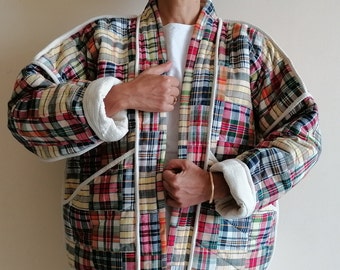 Patchwork Madras Check Cotton Kimono, Reversible Quilted Jacket, Handwoven Seersucker, Short Women’s Jacket, Japanese, Minimal Loungewear