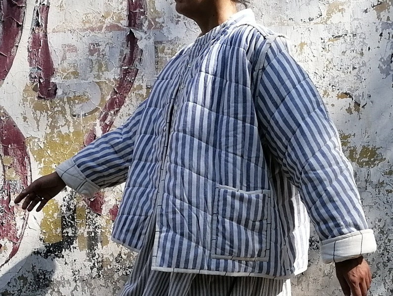 Veste matelassée en coton indien, coton biologique Bengale et fines rayures avec poches et ceinture, tissu rayé réversible, Royaume-Uni 10-14, États-Unis 6-10 image 6