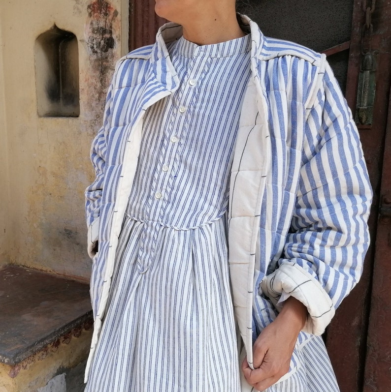 Veste matelassée en coton indien, coton biologique Bengale et fines rayures avec poches et ceinture, tissu rayé réversible, Royaume-Uni 10-14, États-Unis 6-10 image 5