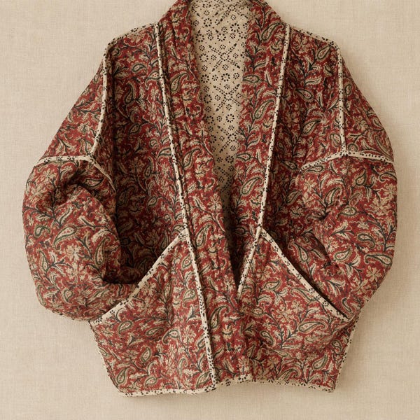 Kimono de algodão, jaqueta japonesa acolchoada de algodão, casaco haori indiano reversível com estampa em bloco, casaco orgânico acolchoado oversized