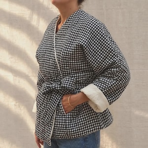 Gingham Check Quilted Jacket, Reversible Cotton Wrap, Black And White Check, Organic Kimono Jacket 100% Cotton