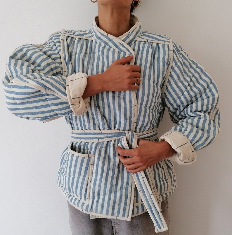 Veste matelassée en coton indien, coton biologique Bengale et fines rayures avec poches et ceinture, tissu rayé réversible, Royaume-Uni 10-14, États-Unis 6-10 image 2