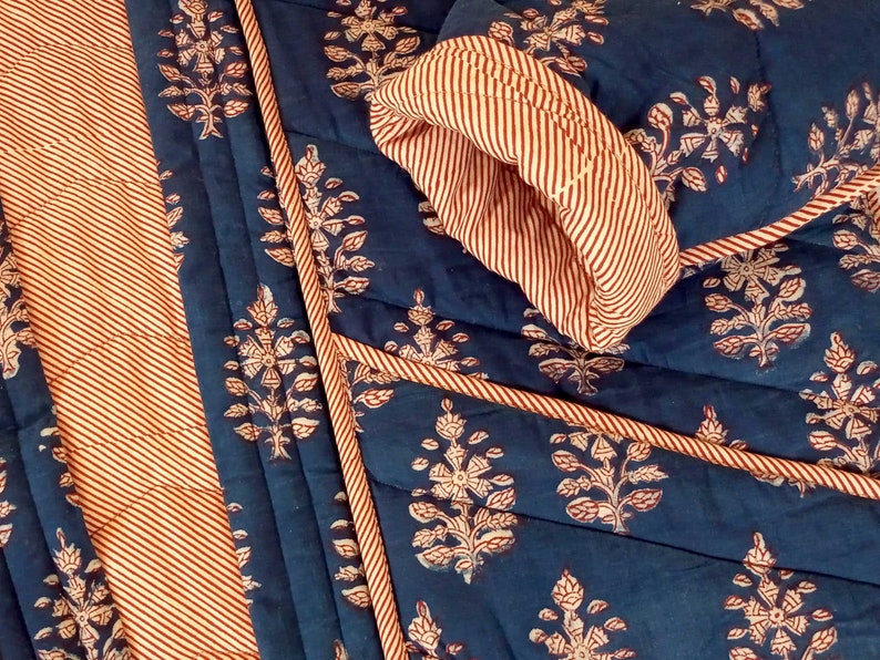 Organic Quilted Cotton Kimono, Reversible Indian Block Print, Botanical Indian Quilt Women, Handmade, Ethical Indigo Blue Slow fashion, Red image 7