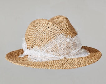 70% OFF on Sale - Straw Fedora, Womens Fedora, Summer Hat, Straw Hat, Spring Summer collection, Lace Hat, Cass hat