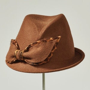 Christina - Trilby Hat, Ladies Hat, Mocha Brown Felt, Leopard Print, Bow, Handmade hat