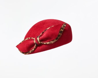 70% OFF on Sale - Beret, Ladies Hat, Red Velour Felt, Leopard print bow, Handmade Hat