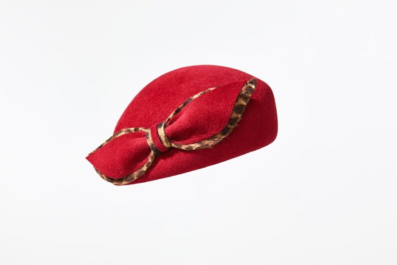 70% OFF on Sale Beret, Ladies Hat, Red Velour Felt, Leopard print bow, Handmade Hat image 1