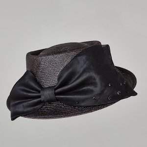 Ellen - Boater Hat, Black Panama, Panama Boater hat, Ladies Hat, Hat with bow, Ladies hat