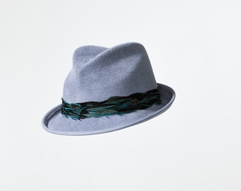 70% OFF on Sale - Trilby Hat, Unisex Hat, Grey Velour Felt, Emerald Green Feather Band, Handmade hat