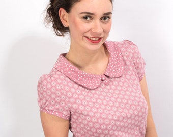 Shirt Honey "Rosenholz" Poloshirt Bubikragen Damen rosa Blumenmuster pink Tupfen Puffärmel Kurzarm