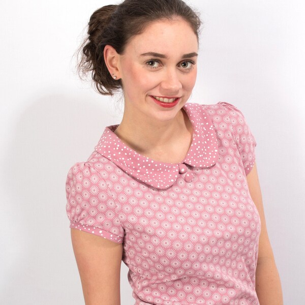 Shirt Honey "Rosenholz" Poloshirt Bubikragen Damen rosa Blumenmuster pink Tupfen Puffärmel Kurzarm