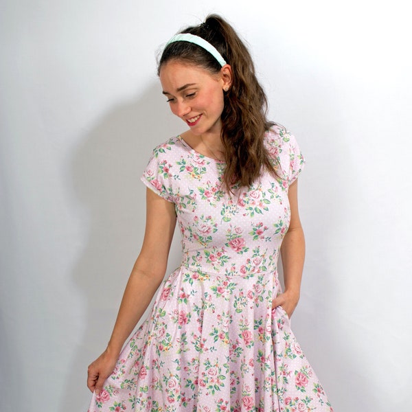 Kleid "Lory Rosen rosa"  Sommerkleid  Rockabilly Knielanges Kleid  Damen swing Tanzkleid Tellerrock Polkadot Rosenmuster