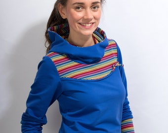 Hoodie JO Kringel blau Pulli Longsleeve Kapuzenshirt Kapuzenpulli bunte Streifen Baumwollpulli königsblau Regenbogen