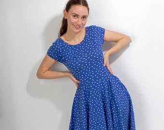 Kleid "Lory Blüten Kornblumen Blau" Sommerkleid  Rockabilly Knielanges Kleid  Damen swing Tanzkleid Tellerrock bedruckt Jerseykleid geblümt