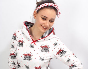 Hoodie  Streifen Pulli Sweater Hundemotiv weiss rot schwarz Damen Sommerhoodie