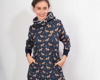 Sale! Gr. 36 Sweatkleid "ENA" Fuchs A-Linie Damen Kapuzenkleid  Jerseykleid Knielanges Kleid Winterkleid Langarmkleid marine Bäume Tiermotiv