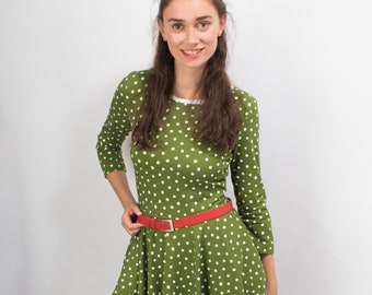 Kleid "Lucy" Dot grün Tellerrock Rockabilly Knielanges Kleid Damen Winterkleid Dreiviertel Arm Blumen Jerseykleid Polka Dot