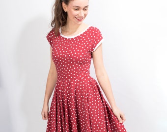 Gr. 36 Kleid "Lory" Dot kirschrot Sommerkleid Tellerkleid Rockabilly Knielanges Kleid  Damen swing Tanzkleid Tellerrock Tupfen