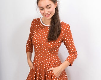 Dress "Lucy" Dot Rust Brown Plate Skirt Rockabilly Knee Length Dress Women Winter Dress Three Quarter Arm Flowers Jersey Dress Polka Dot Brown